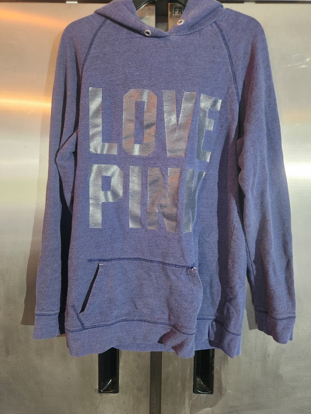 Victorias Secret PINK Womens Hoodie L Blue Heather Metallic Love Logo Pullover